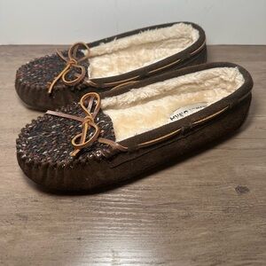 Minnetonka Shoes‎ Moccasins Slippers 40267 Brown Suede Faux Fur Lined Slip On 8.